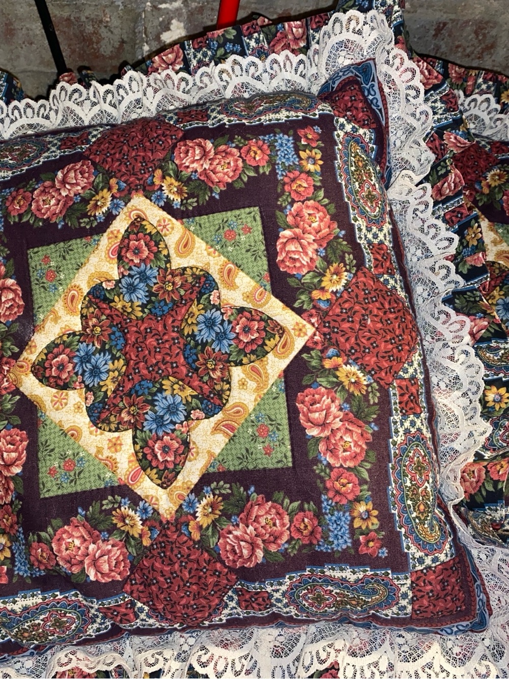 TWO Floral Patchwork Decorative Pillow - Red, Green, Blue